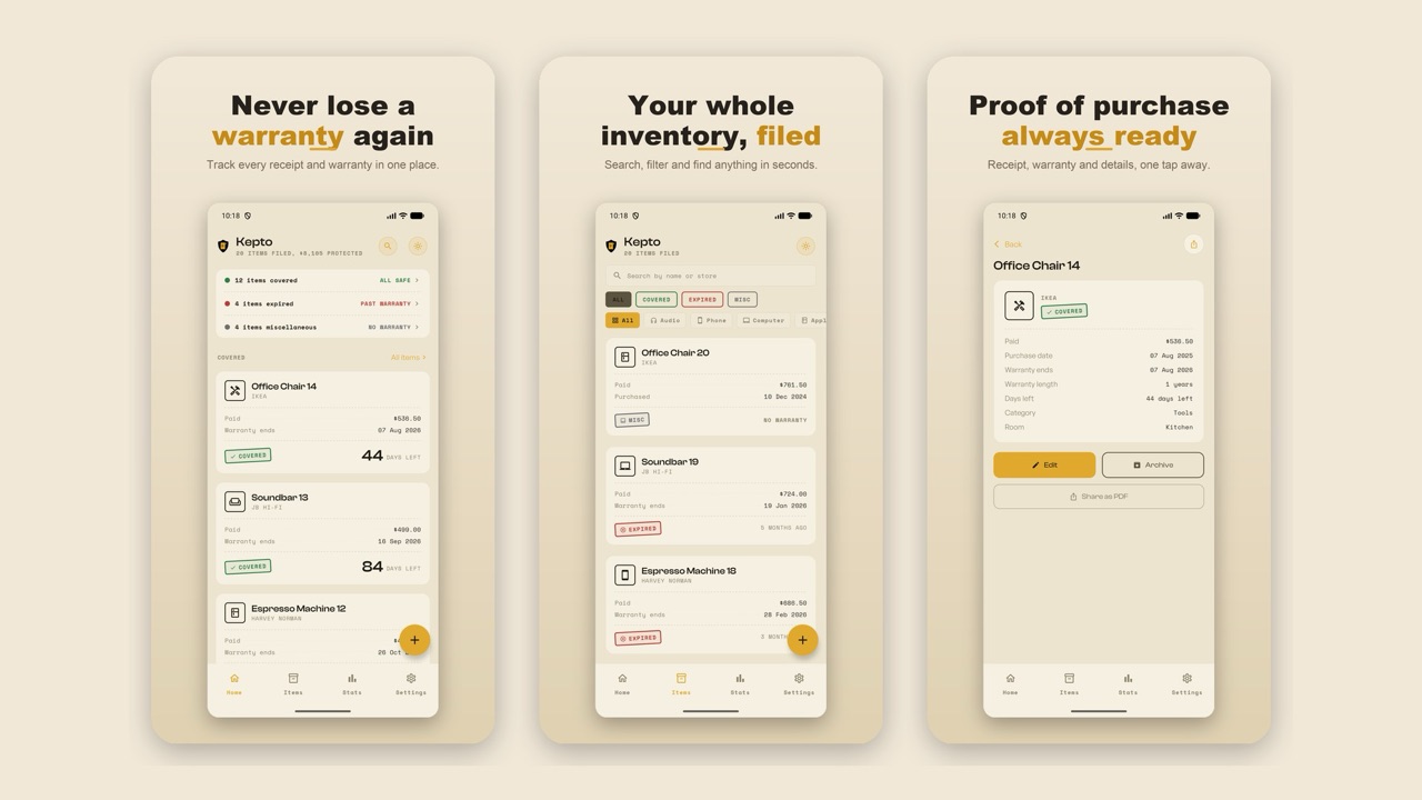 Three Kepto screens: receipts, inventory and proof of purchase